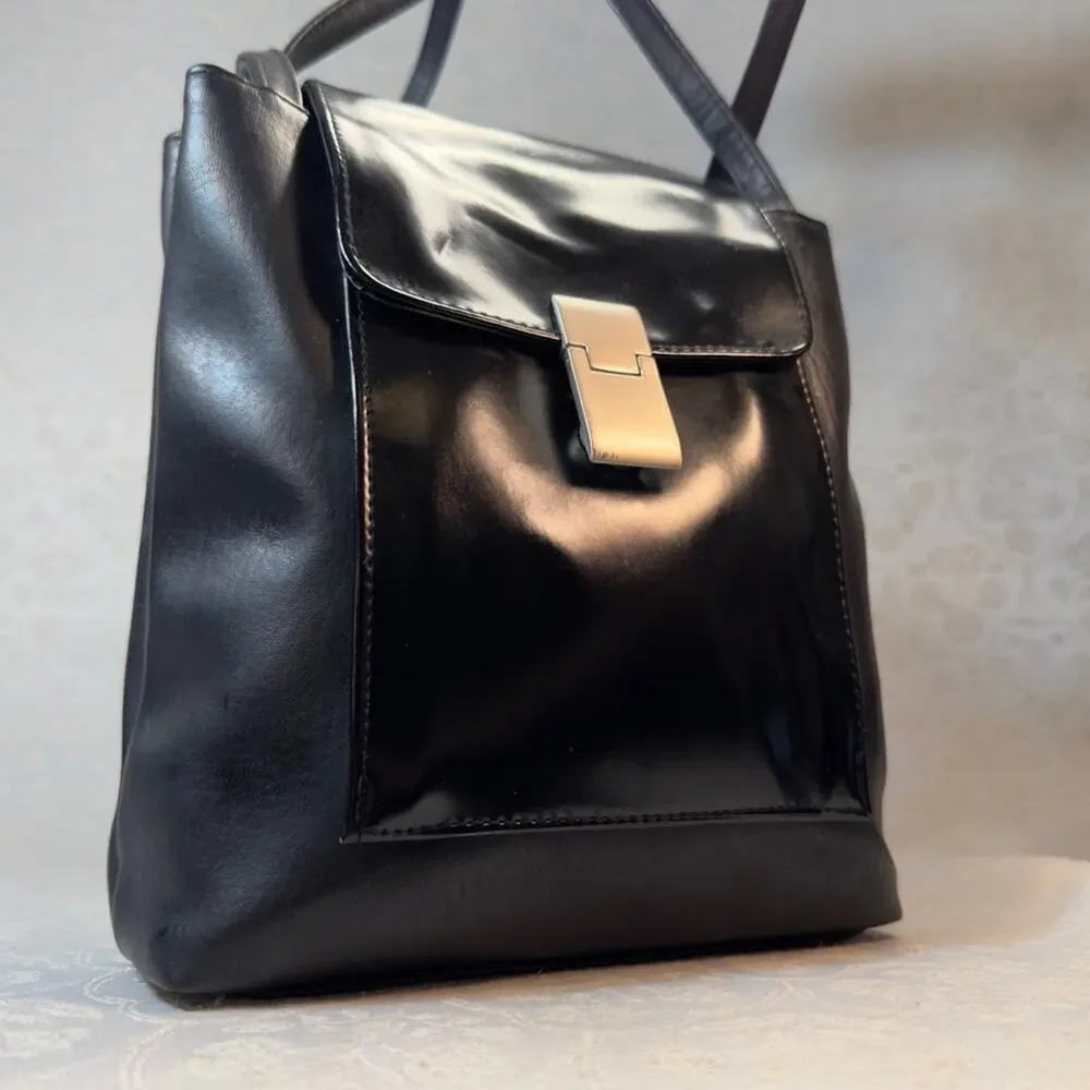 Faux Leather Sleek Black Shoulder Bag Silver Hardware